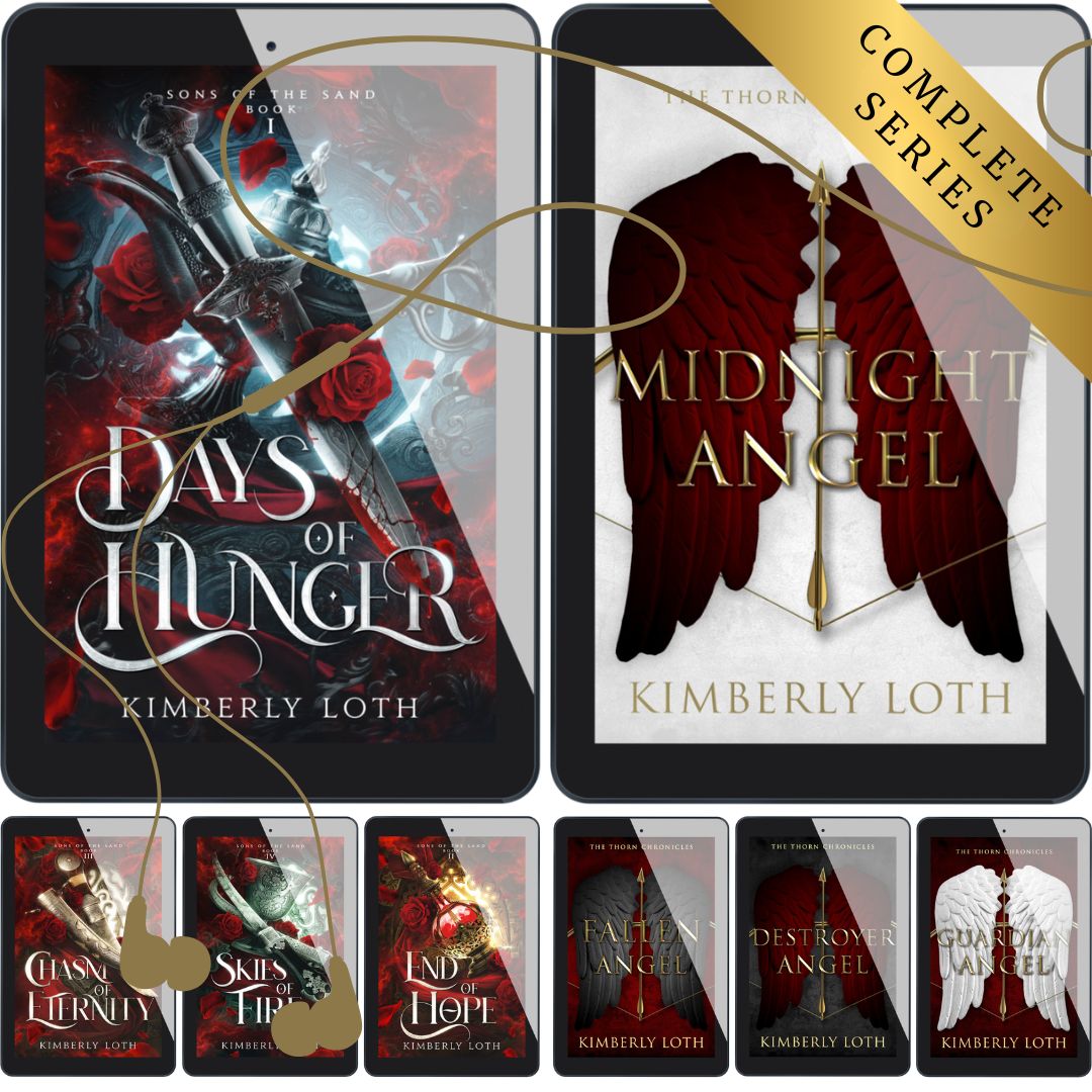 Collection of book covers for 'Days of Hunger' and 'Midnight Angel' series by Kimberly Loth on electronic devices.