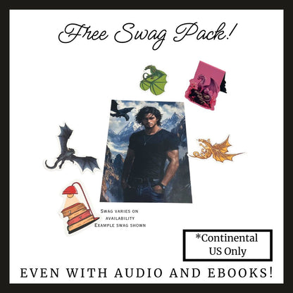 Promotional graphic for a free swag pack with illustrations and text on a white background. Continental US only