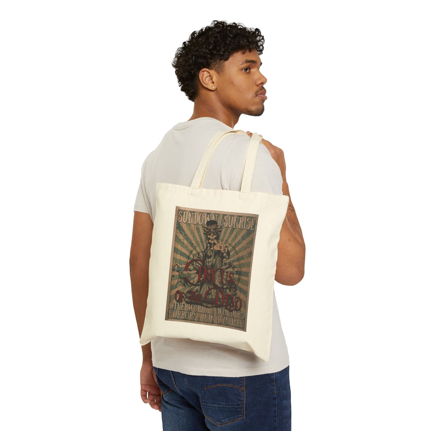 Vintage Circus Skull Tote Bag — Retro 'Sundown Sunrise' Canvas Tote