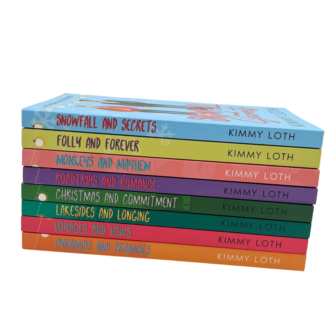 Stack of books by Kimmy Loth with colorful spines on a white background