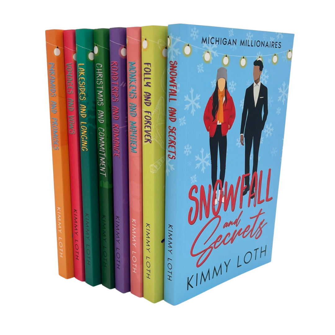 Set of books with colorful covers and a prominent blue book titled 'Snowfall and Secrets' by Kimmy Loth.