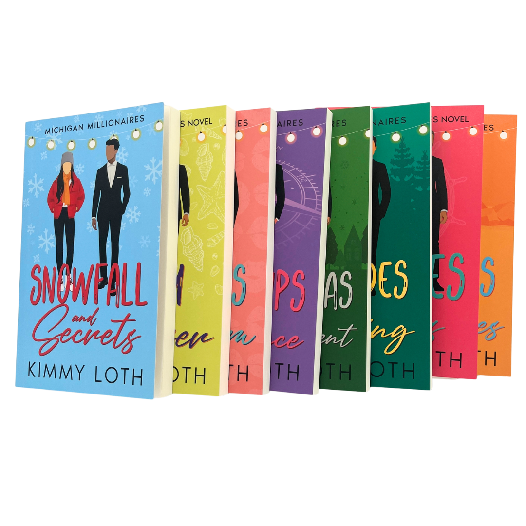 Row of book covers with 'Snowfall and Secrets' by Kimmy Loth in the front on a white background