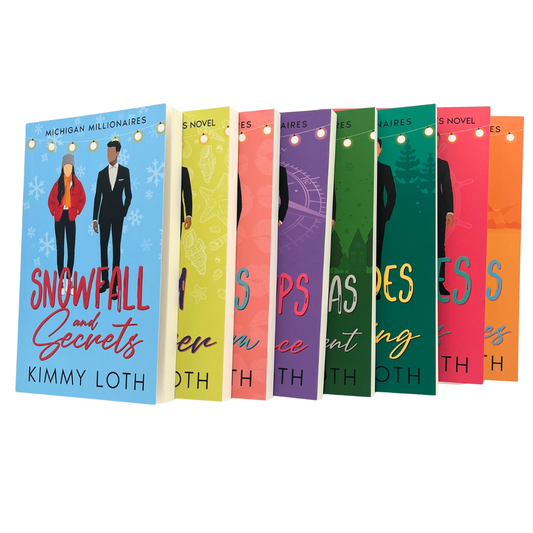Row of book covers with 'Snowfall and Secrets' by Kimmy Loth in the front on a white background
