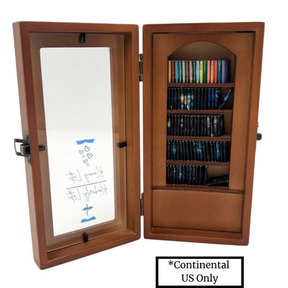 Wooden mini bookshelf with mini books inside and a clear door to close it. Text saying Continental US only.