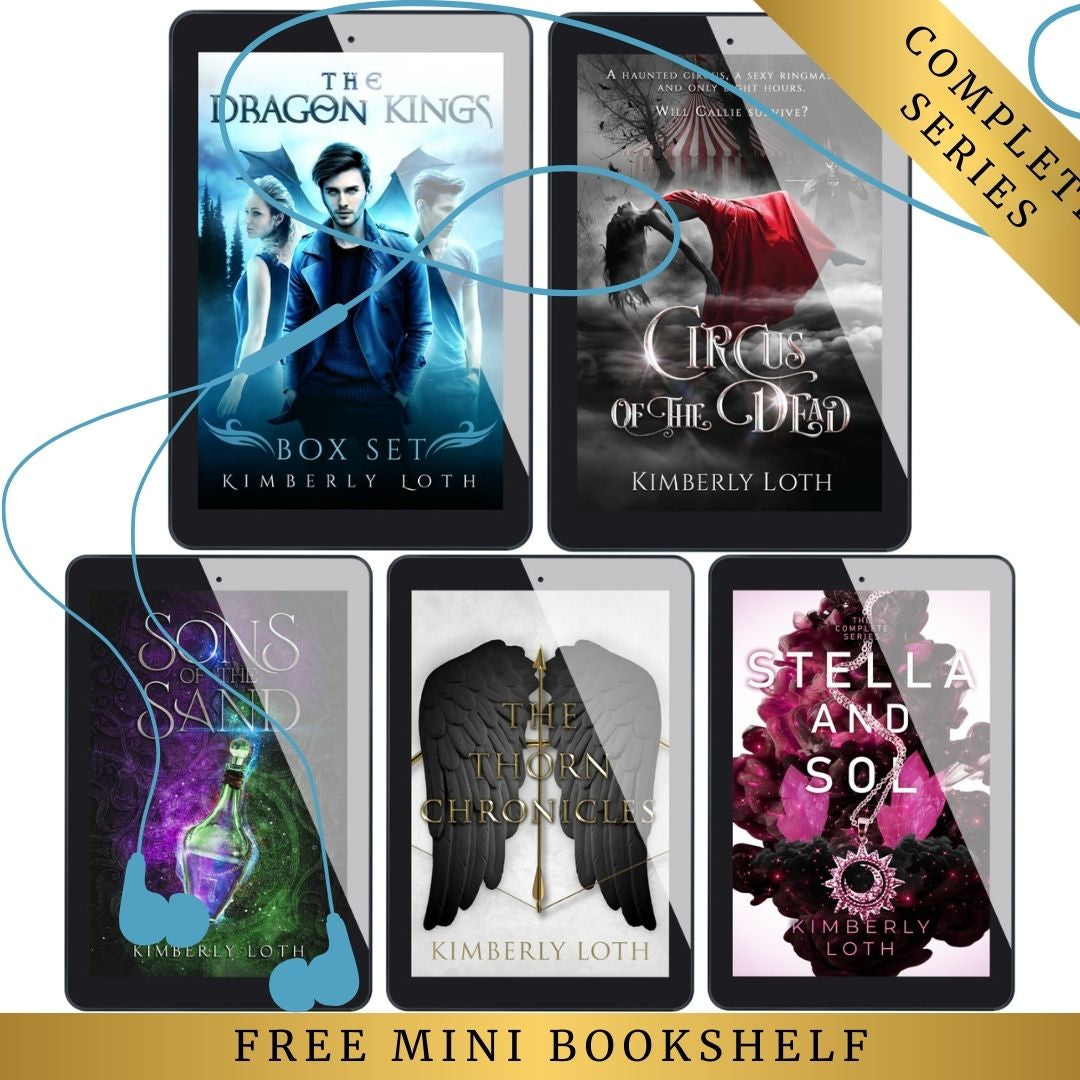 Five series covers of Kimberly Loth's series displayed on tablets with text saying 5 complete series and free mini bookshelf. With Audio headphones across the image.