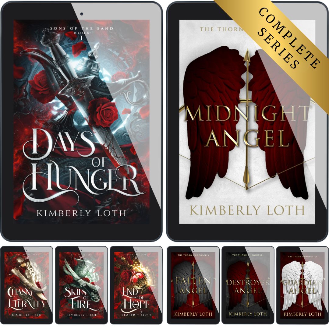 Collection of book covers for 'Days of Hunger' and 'Midnight Angel' series by Kimberly Loth on electronic devices.
