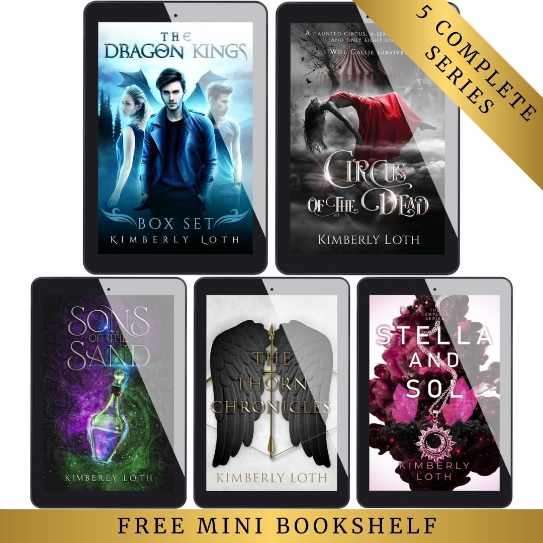 Five series covers of Kimberly Loth's series displayed on tablets with text saying 5 complete series and free mini bookshelf.