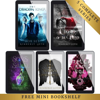 Five series covers of Kimberly Loth's series displayed on tablets with text saying 5 complete series and free mini bookshelf.