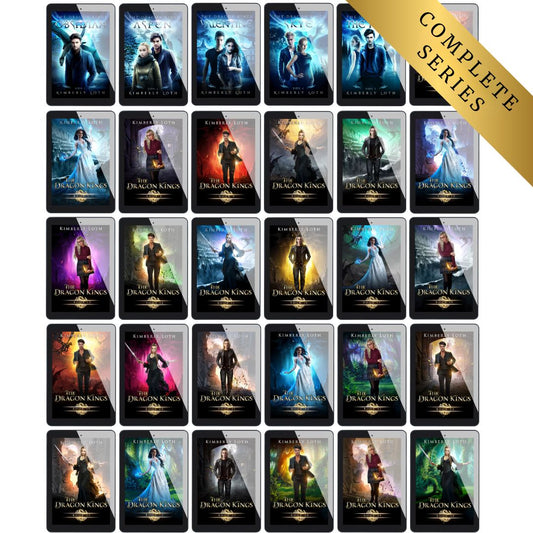 Grid of book covers from the 'The Dragon Kings' series by Kimberly Loth